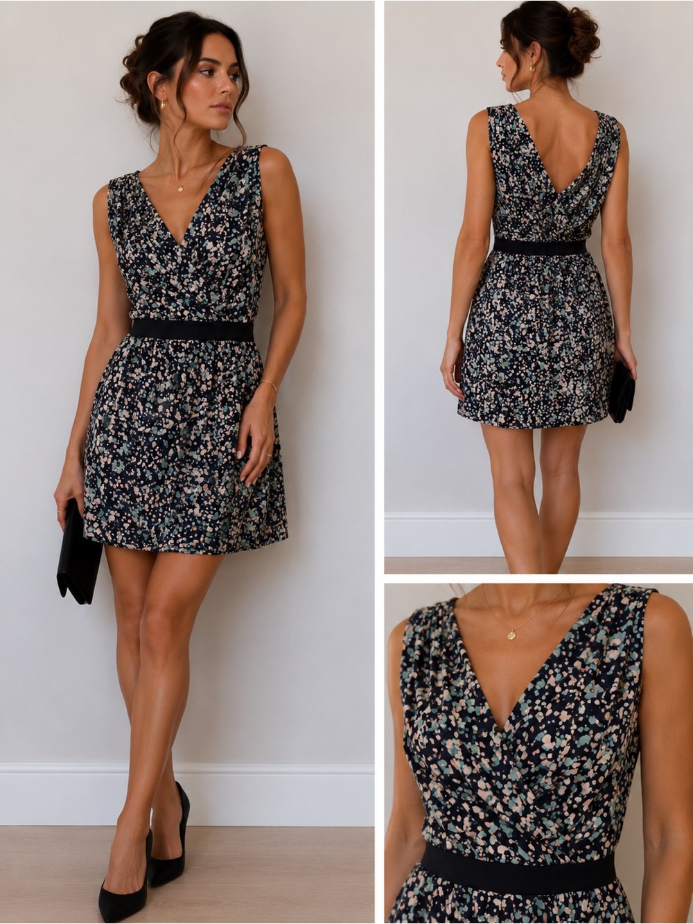 Sleeveless Black Floral Dress with V-Neck